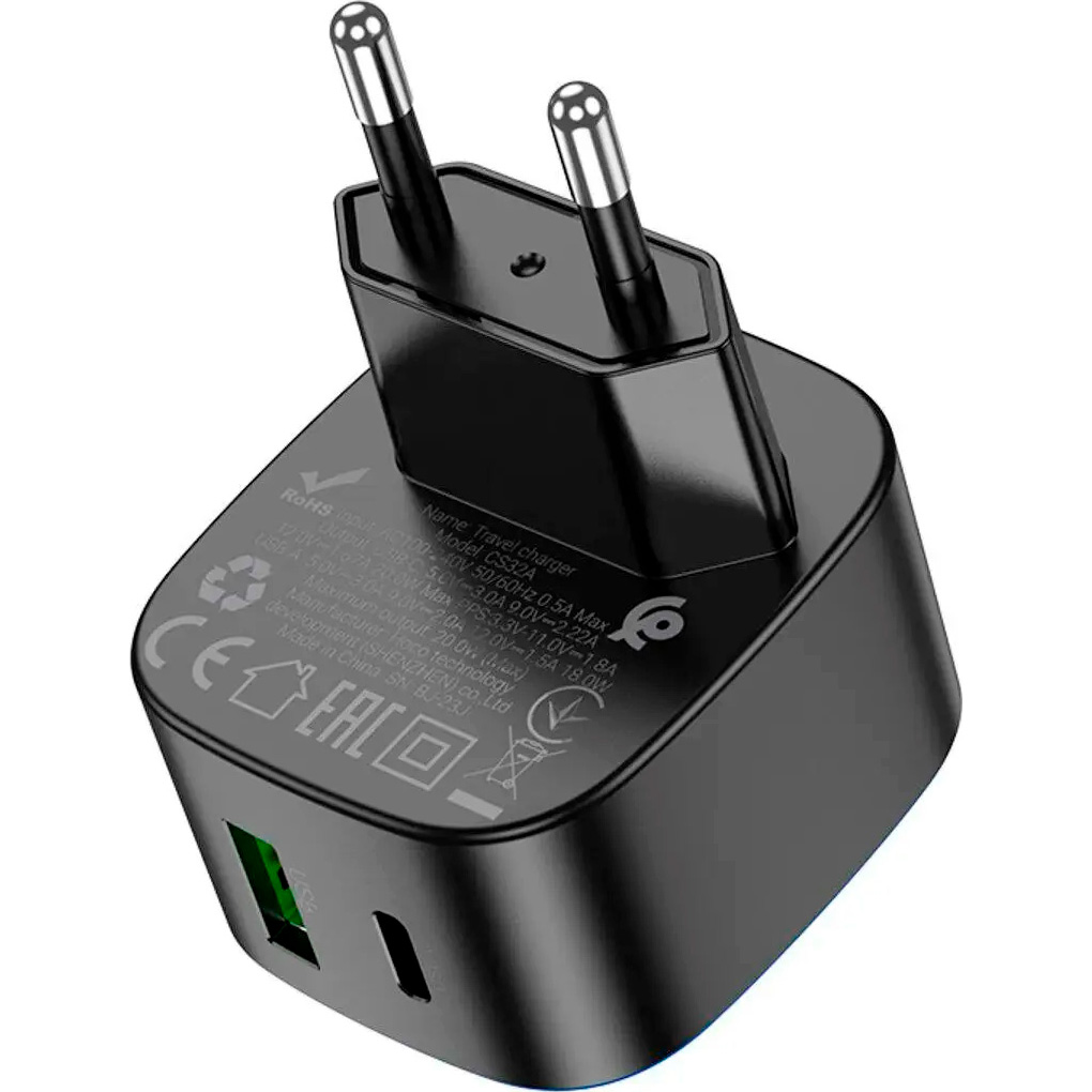 Зовнішній вигляд Зарядний пристрій HOCO CS32A Rise PD20W+QC3.0 Black (6942007617451)