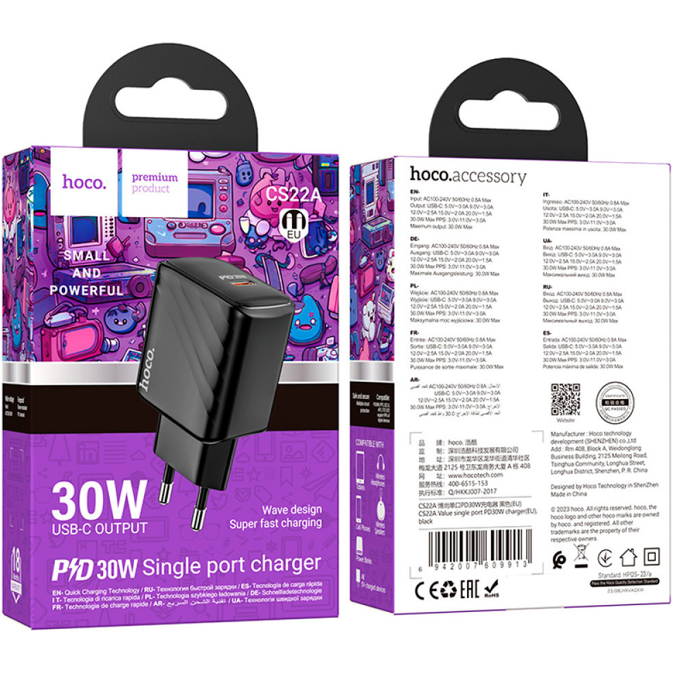 Зовнішній вигляд Зарядний пристрій HOCO CS22A Value PD30W Black (6942007609913)