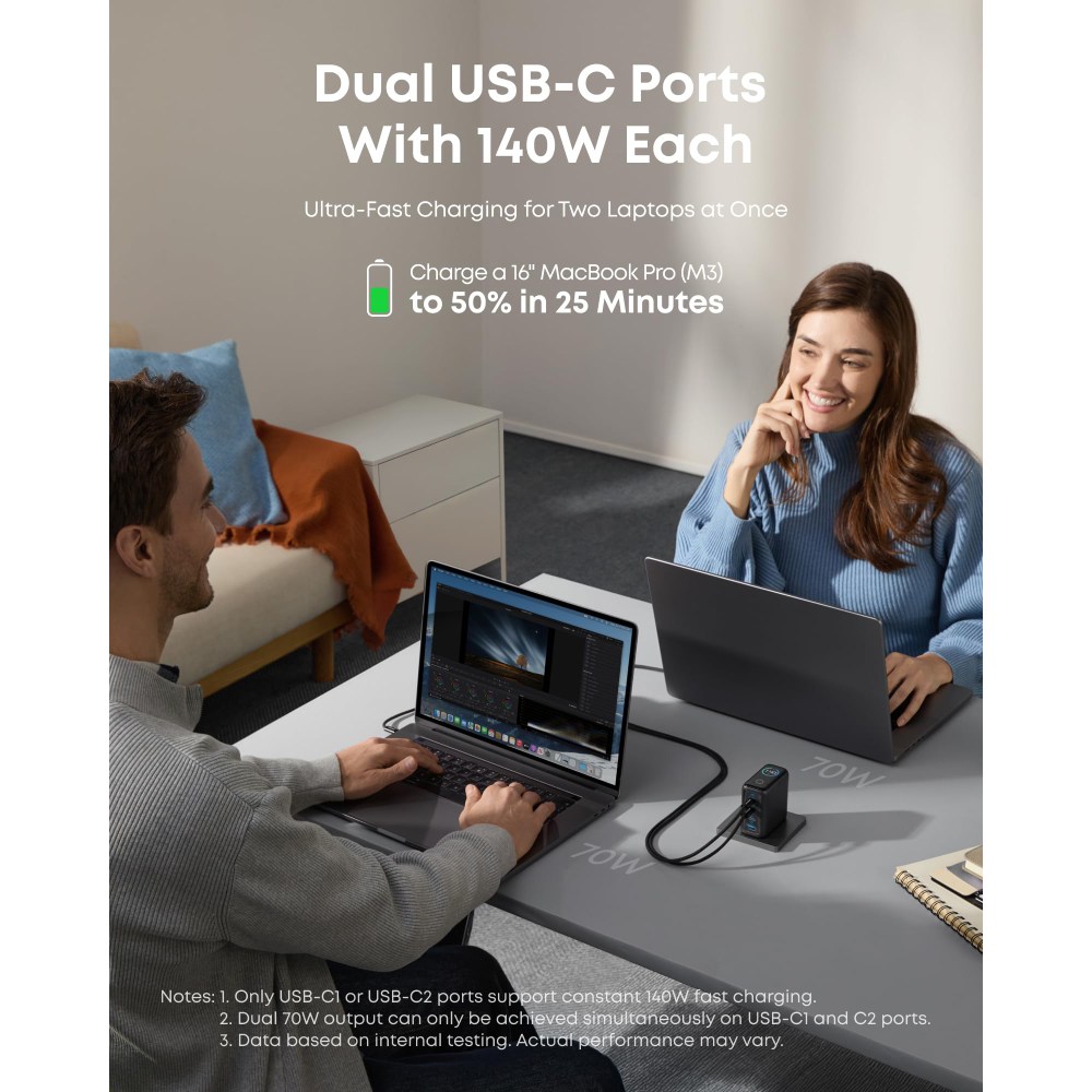 Мережевий зарядний пристрій ANKER Laptop GaN Charger 140W 3xUSB-C PD3.1 & 1xUSB-A w Display and Cable Black (B2697GZ1) Кабель знімний