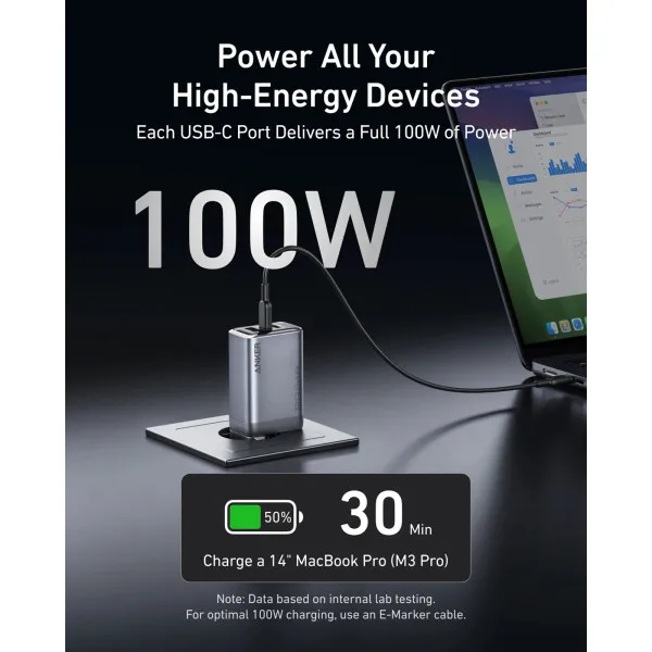 Зовнішній вигляд Зарядний пристрій ANKER GaNPrime Charger 100W 2xUSB-C PD & 1xUSB-A Foldable Silver (A2688341)