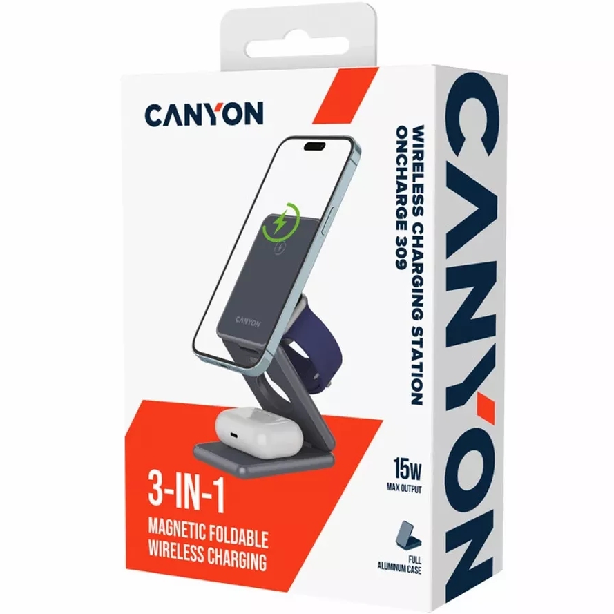 В Фокстрот Беспроводное зарядное устройство CANYON OnCharge 309 3в1 Dark Gray (CNS-WCS309M)
