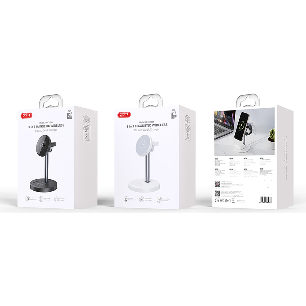 Беспроводное зарядное устройство XO CX038 White (CX038.white) Особенности выходная мощность Magsafe: 15W, выходная мощность зарядки AirPods: 3W, выходная мощность зарядки Apple Watch: 2.5W, дистанция для зарядки: 2-5 мм
