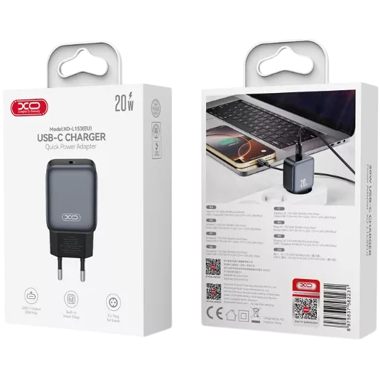 Зарядний пристрій XO L153 20W PD Single port USB-C Black Кабель відсутній