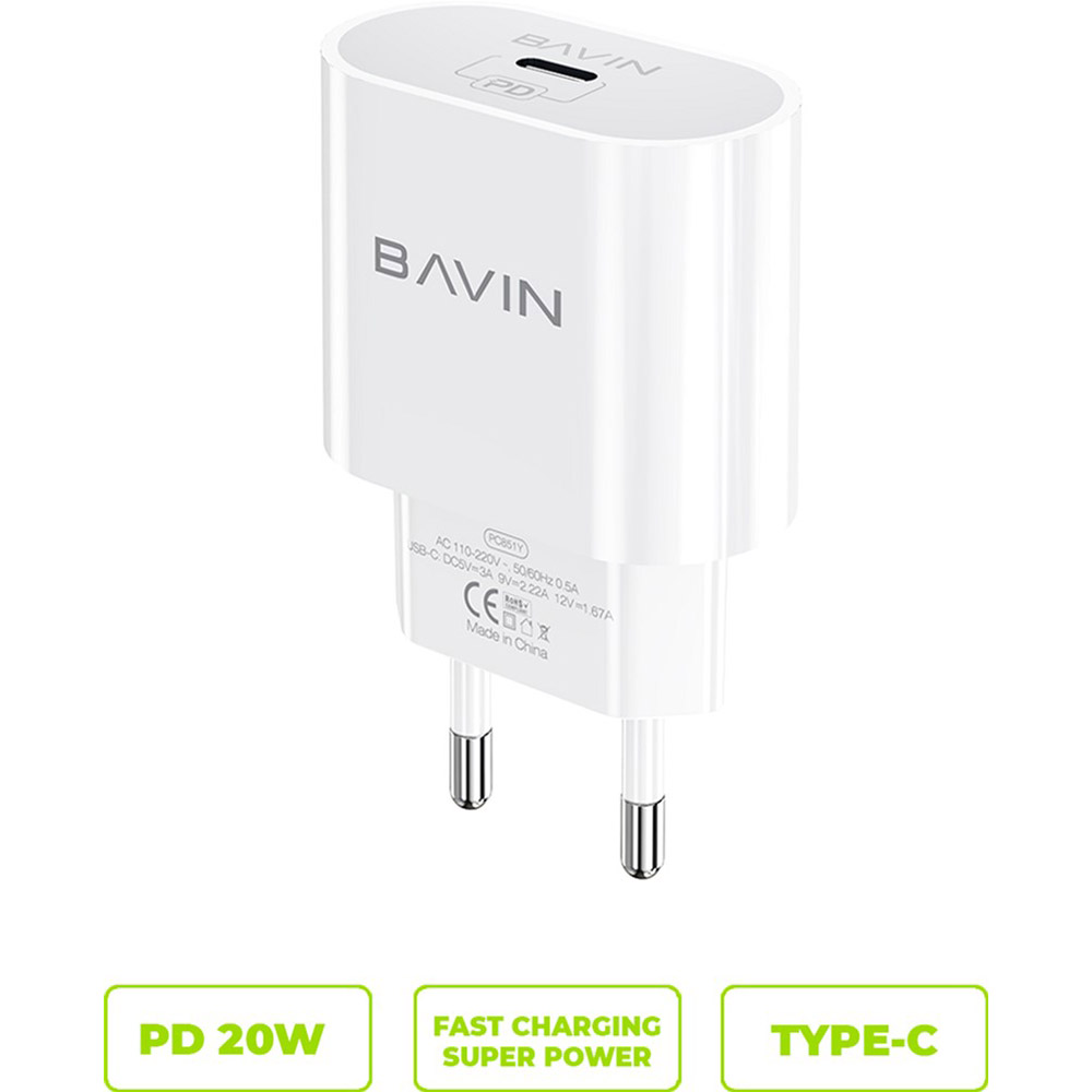 Зарядний пристрій Bavin PC851Y PD 20W Type-C White (C-PC851Y-W) Потужність 20