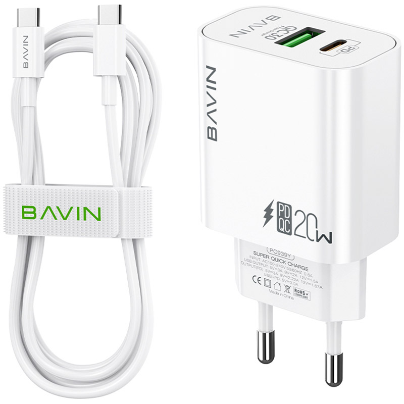 Фото Зарядний пристрій Bavin PC939Y-CC PD 20W Type-C USB-A (QC3.0) White (C-PC939Y-CC-W)