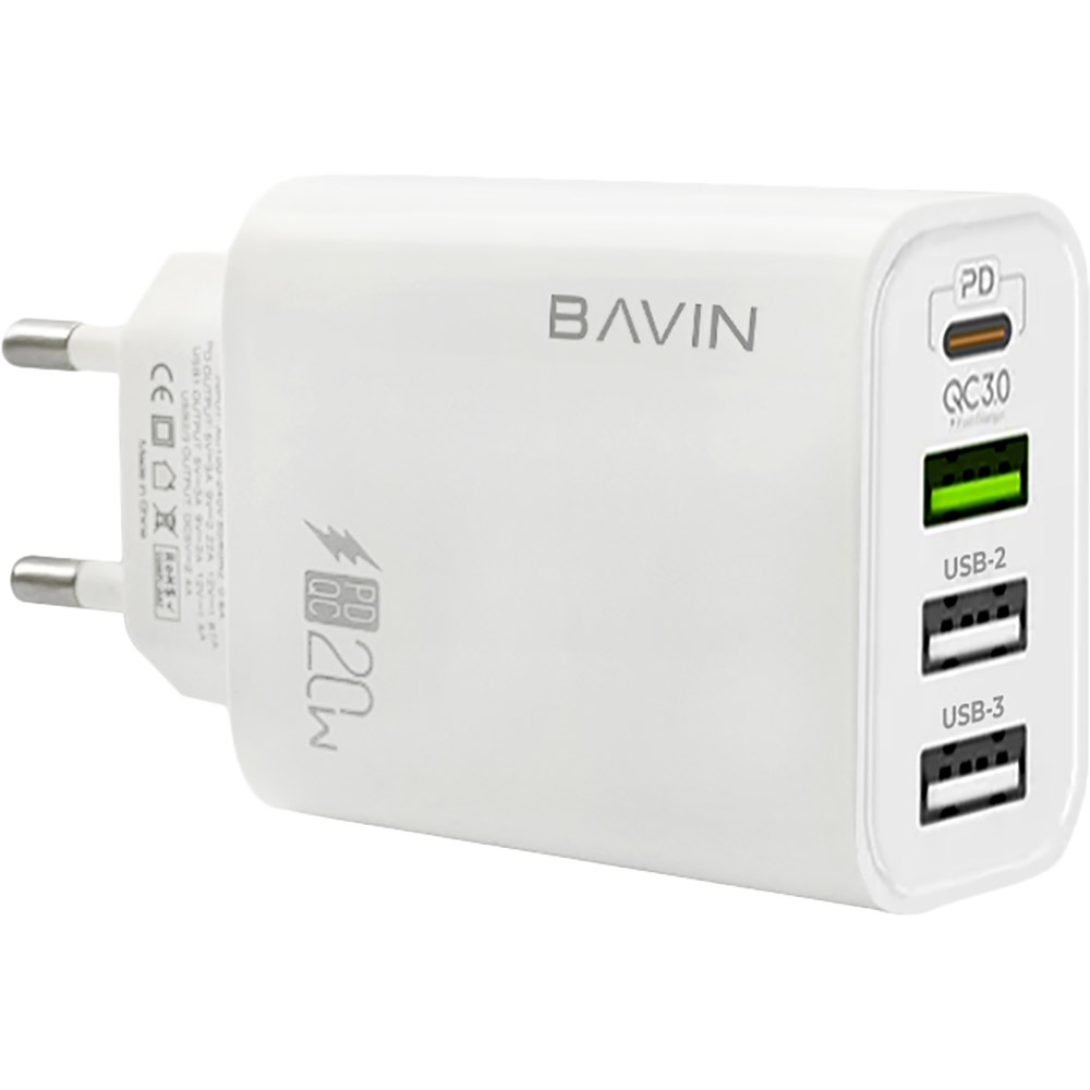 Зарядний пристрій Bavin PC952Y PD 20W Type-C 3xUSB-A (QC3.0) White (C-PC952Y-W)