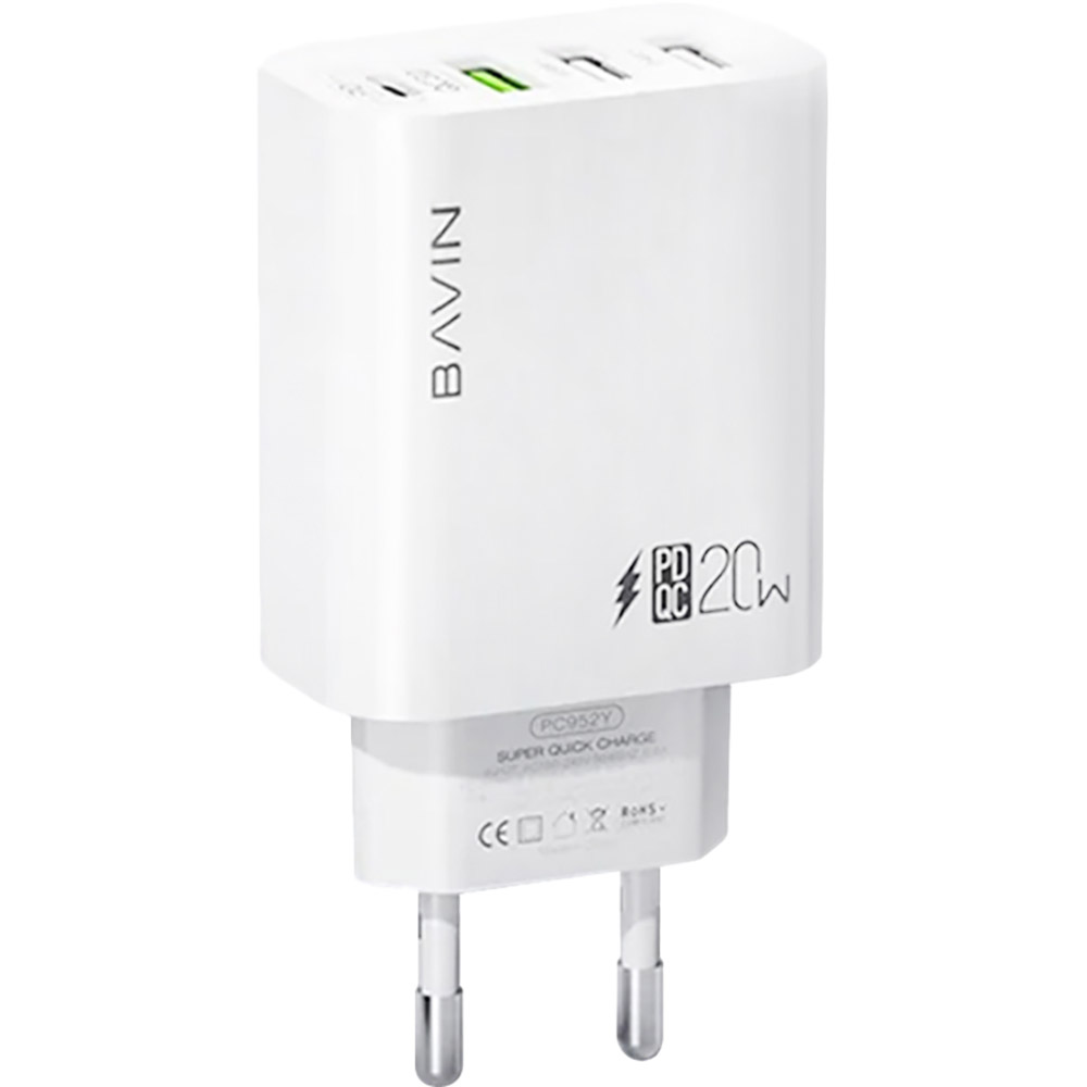 Зарядний пристрій Bavin PC952Y PD 20W Type-C 3xUSB-A (QC3.0) White (C-PC952Y-W) Потужність 20