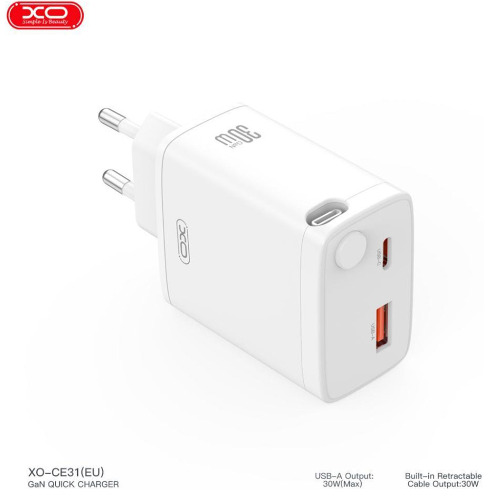 Внешний вид Сетевое зарядное устройство XO 30W Nitride Fast Charger White (XO-CE31)