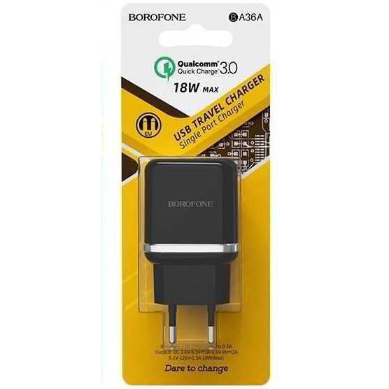Сетевое зарядное устройство BOROFONE BA36A High speed single port QC3.0 charger set 18W Black (6931474715968) Тип сетевое зарядное устройство
