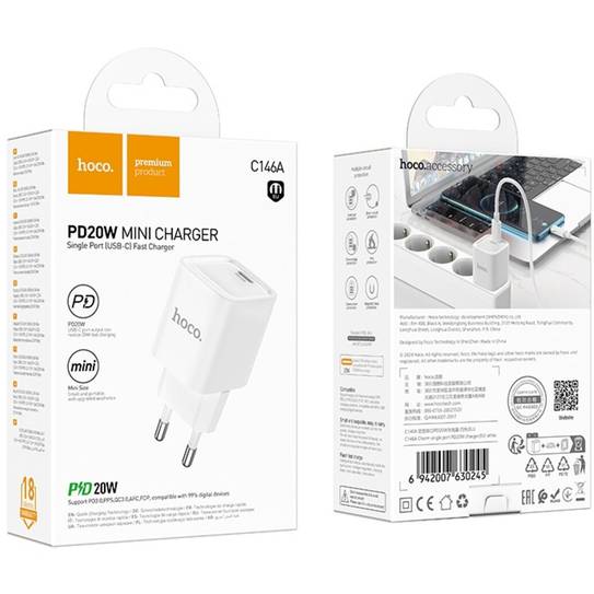 Мережевий зарядний пристрій HOCO C146A Charm single port PD20W Charger (EU) White (6942007630245) Вихідний роз'єм USB Type-C