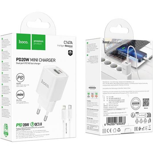 Внешний вид Сетевое зарядное устройство HOCO C147A Charm PD20W+QC3.0 charger set C to iP EU White (6942007630283)