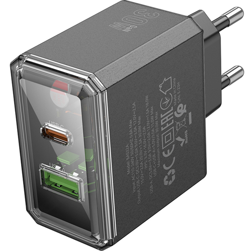 Сетевое зарядное устройство BOROFONE BAS32A PD30W+QC3.0 Black (6941991110641) Мощность 30