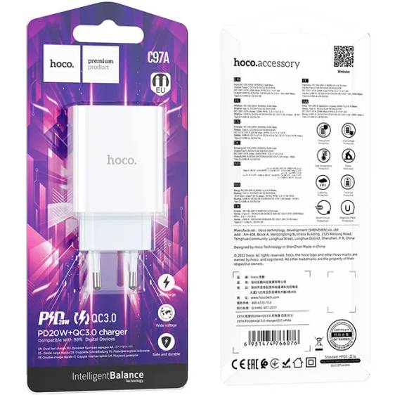 Сетевое зарядное устройство HOCO C97A PD20W+QC3.0 charger White (6931474766076) Выходной разъем USB Type-C