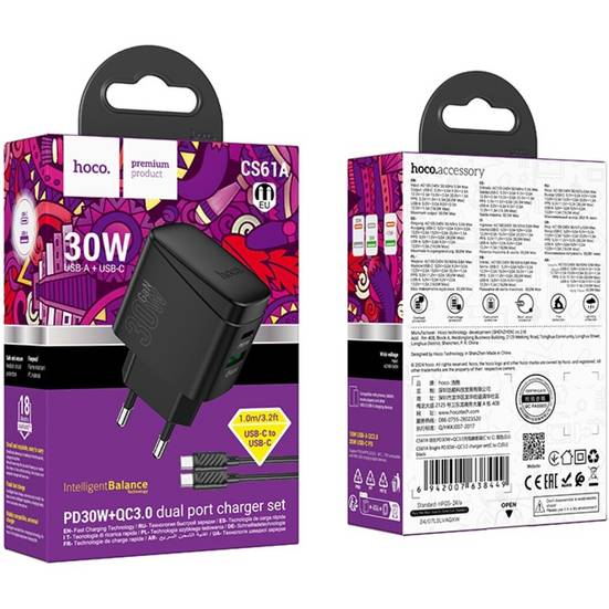 Внешний вид Сетевое зарядное устройство HOCO CS61A Bright PD30W+QC3.0 charger set C to C EU Black (6942007638449)