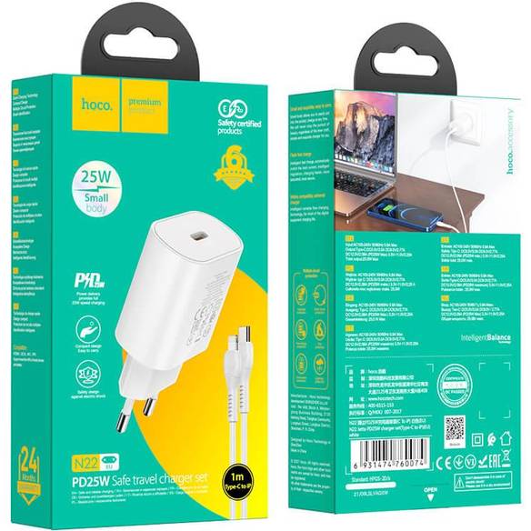 Заказать Сетевое зарядное устройство HOCO N22 Jetta PD25W charger set Type-C to iP EU White (6931474760074)