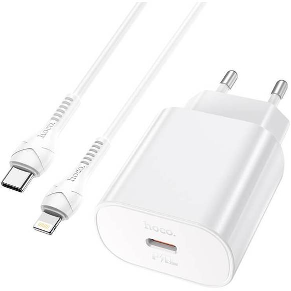 Сетевое зарядное устройство HOCO N22 Jetta PD25W charger set Type-C to iP EU White (6931474760074) Кабель съемный