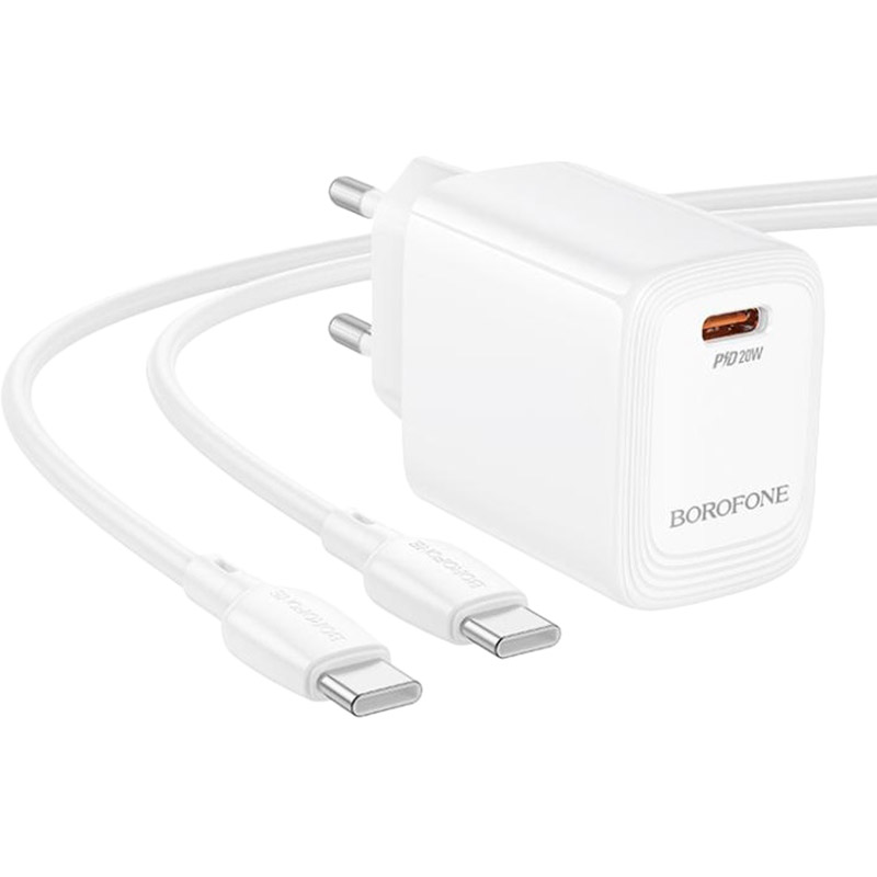 Мережевий зарядний пристрій Borofone BN26 Fuente single-port PD20W Charger Set C to C EU White (6941991120251) Кабель знімний