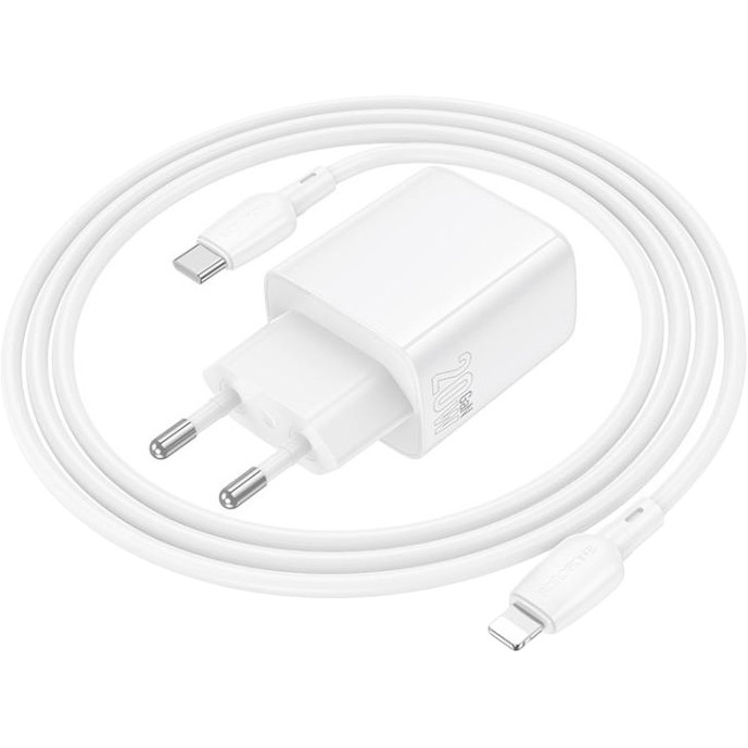 Зовнішній вигляд Зарядний пристрій BOROFONE BN26 Fuente single-port PD20W Charger Set (C to iP) (EU) White (6941991120244)