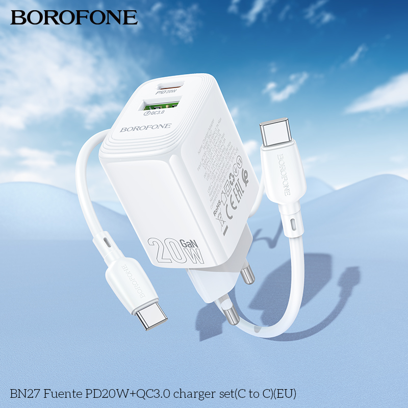 Замовити Зарядний пристрій Borofone BN27 Fuente PD20W+QC3.0 charger set C to C EU White (6941991120282)
