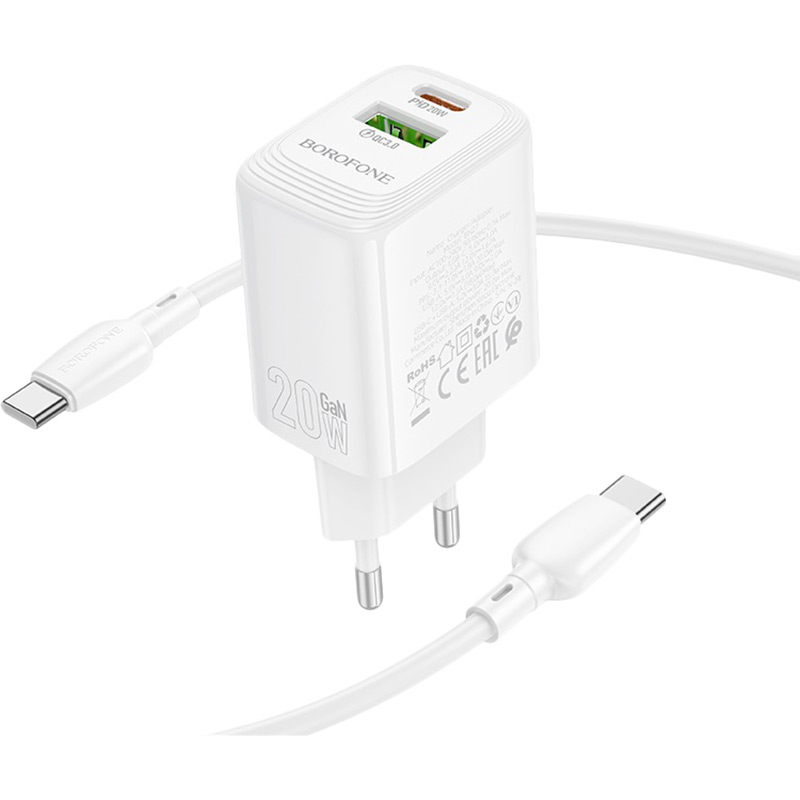 Зарядний пристрій Borofone BN27 Fuente PD20W+QC3.0 charger set C to C EU White (6941991120282) Кабель знімний