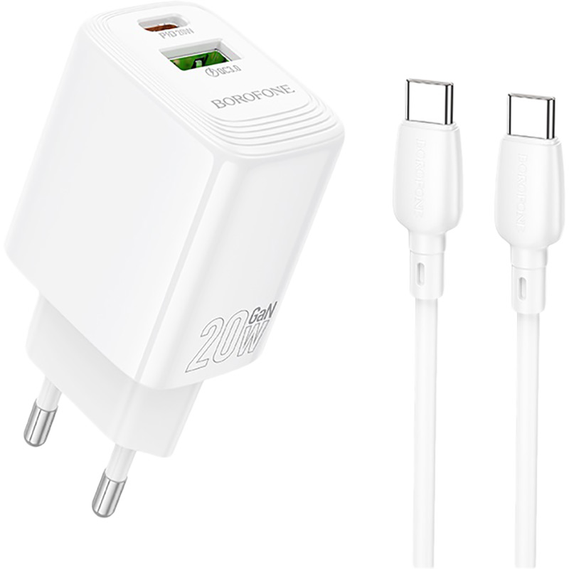 Зарядний пристрій Borofone BN27 Fuente PD20W+QC3.0 charger set C to C EU White (6941991120282)