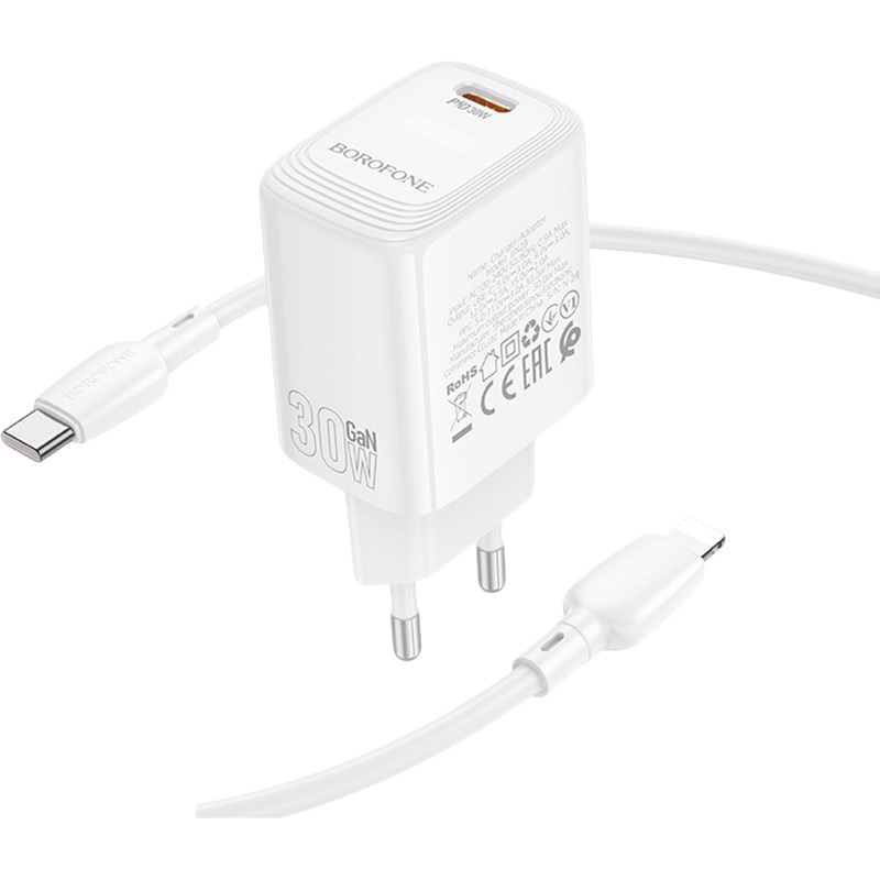 Мережевий зарядний пристрій Borofone BN28 Fuente single port PD30W Charger Set C to C EU White (6941991120312) Потужність 30