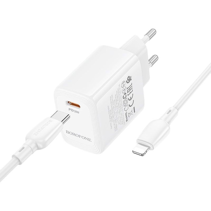 Мережевий зарядний пристрій BOROFONE BN28 Fuente single port PD30W Charger Set (C to iP) (EU) White (6941991120305) Тип кабелю USB Type-C х Lightning