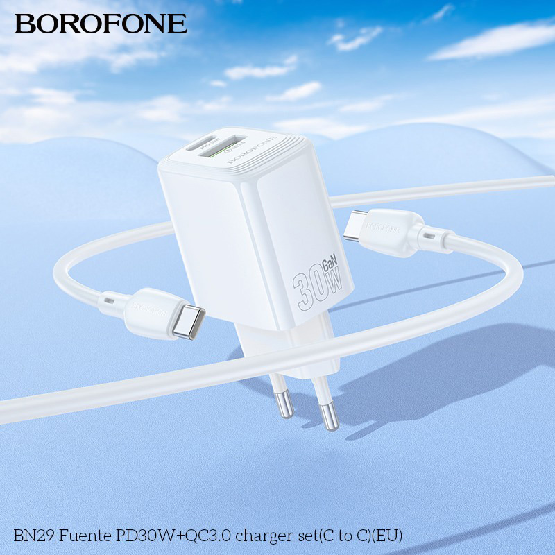 Зовнішній вигляд Зарядний пристрій Borofone BN29 Fuente PD30W+QC3.0 charger set C to C EU White (6941991120343)