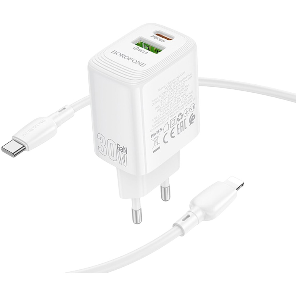 Зарядний пристрій BOROFONE BN29 Fuente PD30W+QC3.0 Charger Set (C to iP) (EU) White (6941991120336) Тип мережевий зарядний пристрій