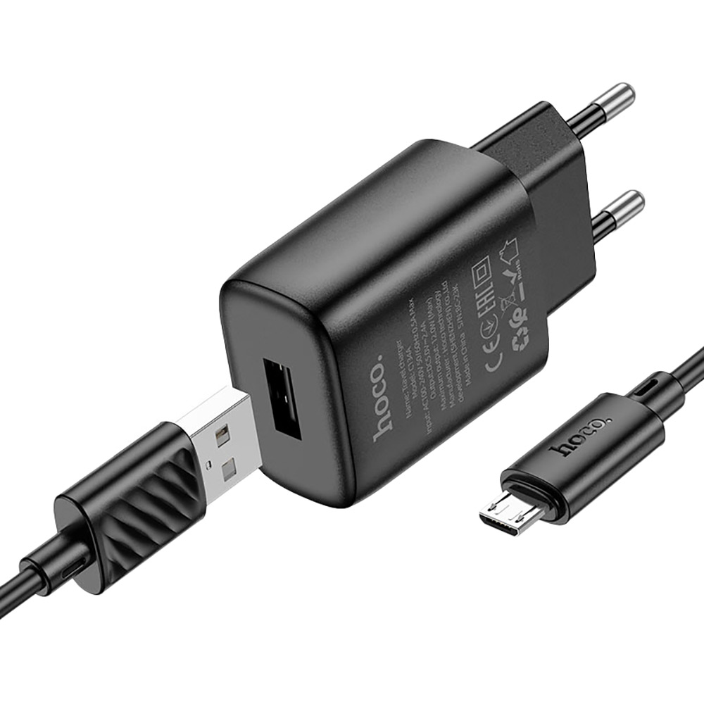 Мережевий зарядний пристрій HOCO C134A Solid single-port charger set (Micro) (EU) Black (6942007621335) Потужність 12
