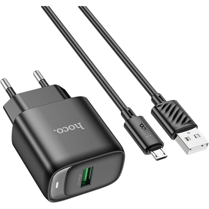 Сетевое зарядное устройство HOCO C140A Smart single port QC3.0 charger set(Micro)(EU) Black (6942007627801)