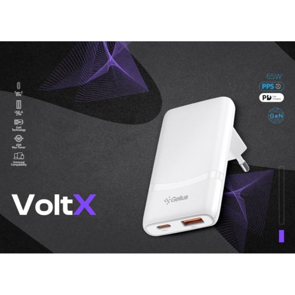 Зарядний пристрій GELIUS VoltX GaN 65W White (00000101284) Кабель відсутній