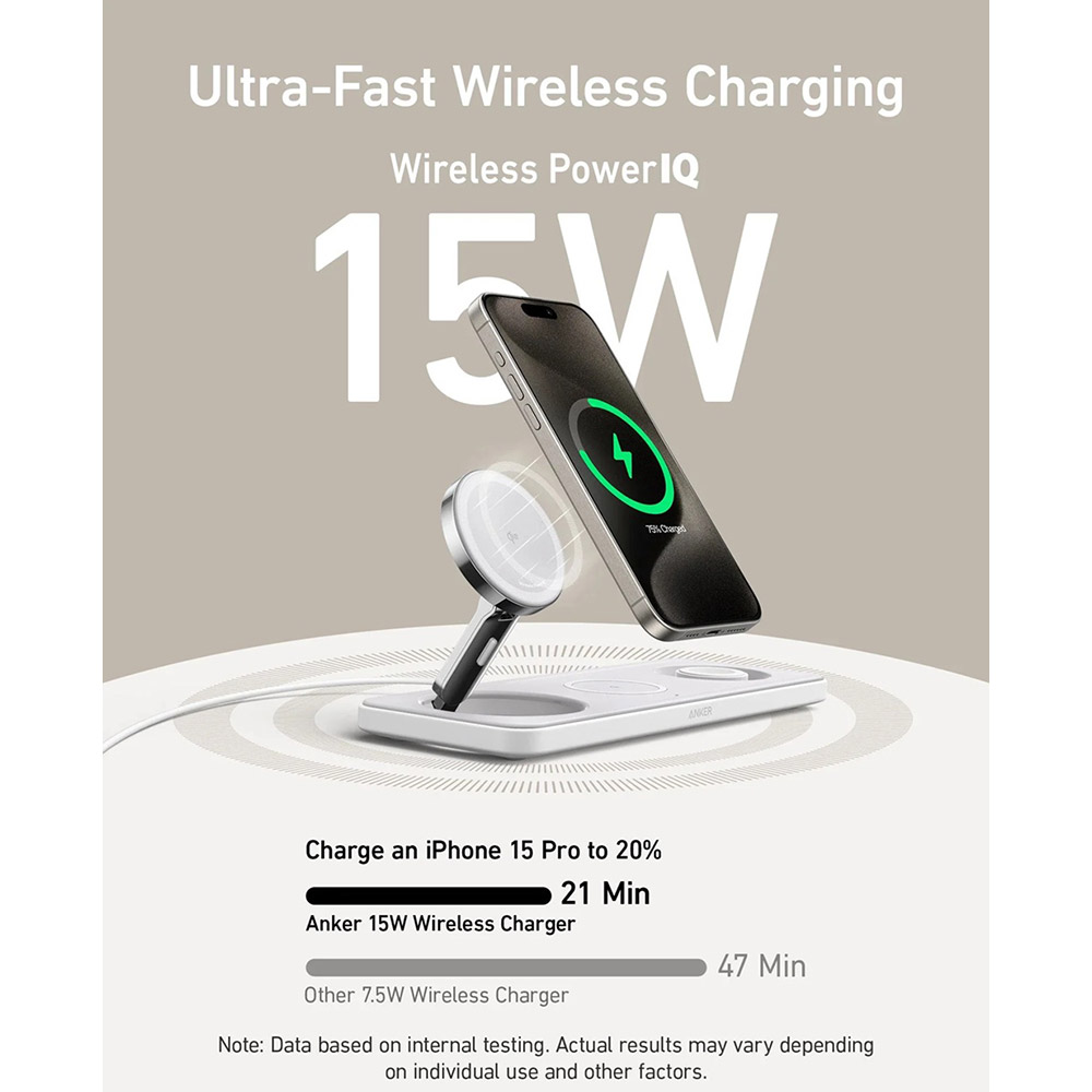 Беспроводное зарядное устройство ANKER MagGo Wireless Charging Station 15W 3в1 White (B25M1321) Мощность 15