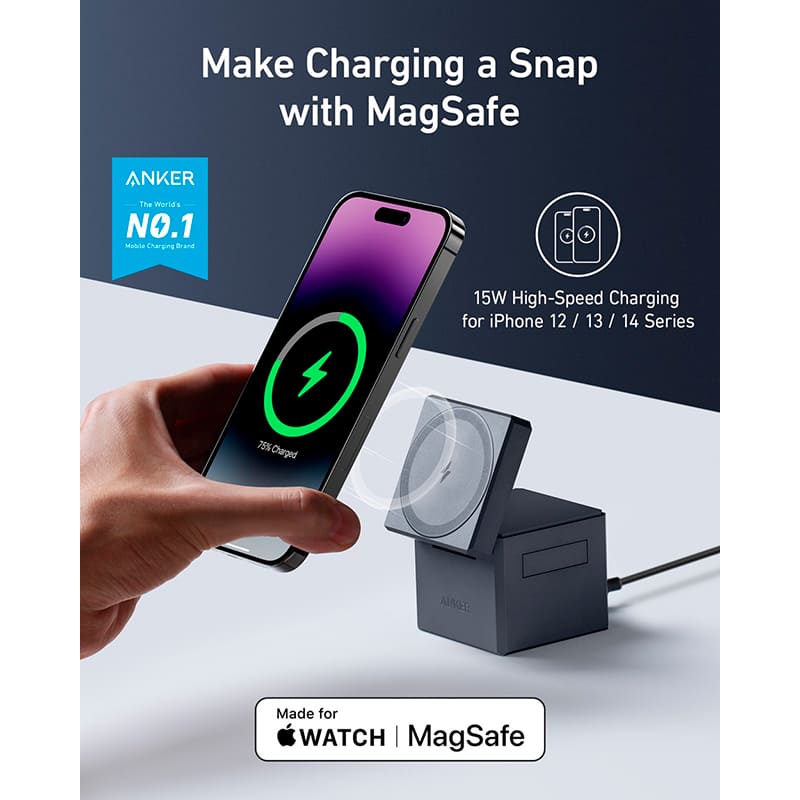 Зовнішній вигляд Бездротовий зарядний пристрій ANKER MagGo Wireless Charging Station 15W 3-in-1 Cube (Y1811G11)