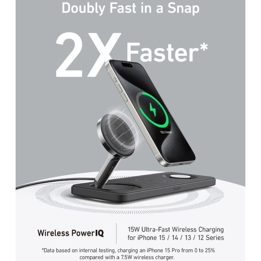 Беспроводное зарядное устройство ANKER MagGo Wireless Charging Station 15W 3-in-1 Pad Black (B25M1311) Кабель съемный
