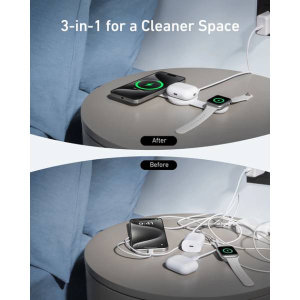 Беспроводное зарядное устройство ANKER MagGo Wireless Charging Pad 15W 3-in-1 Foldable White (B25M8H21) Количество беспроводных зон 3