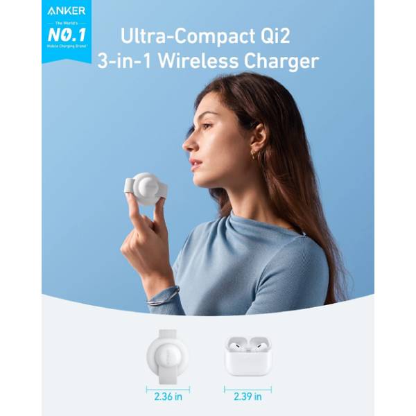 Беспроводное зарядное устройство ANKER MagGo Wireless Charging Pad 15W 3-in-1 Foldable White (B25M8H21) Мощность 25