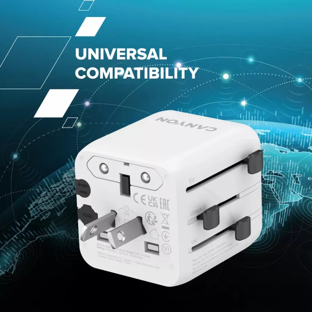 Зовнішній вигляд Зарядний пристрій CANYON OnTour One Travel Adapter EU/UK/US/AUS White (CNS-TA1005W)