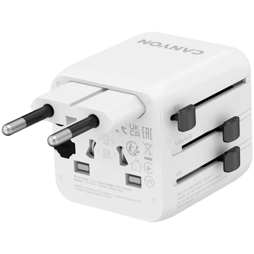 Зарядний пристрій CANYON OnTour One Travel Adapter EU/UK/US/AUS White (CNS-TA1005W) Потужність 2500