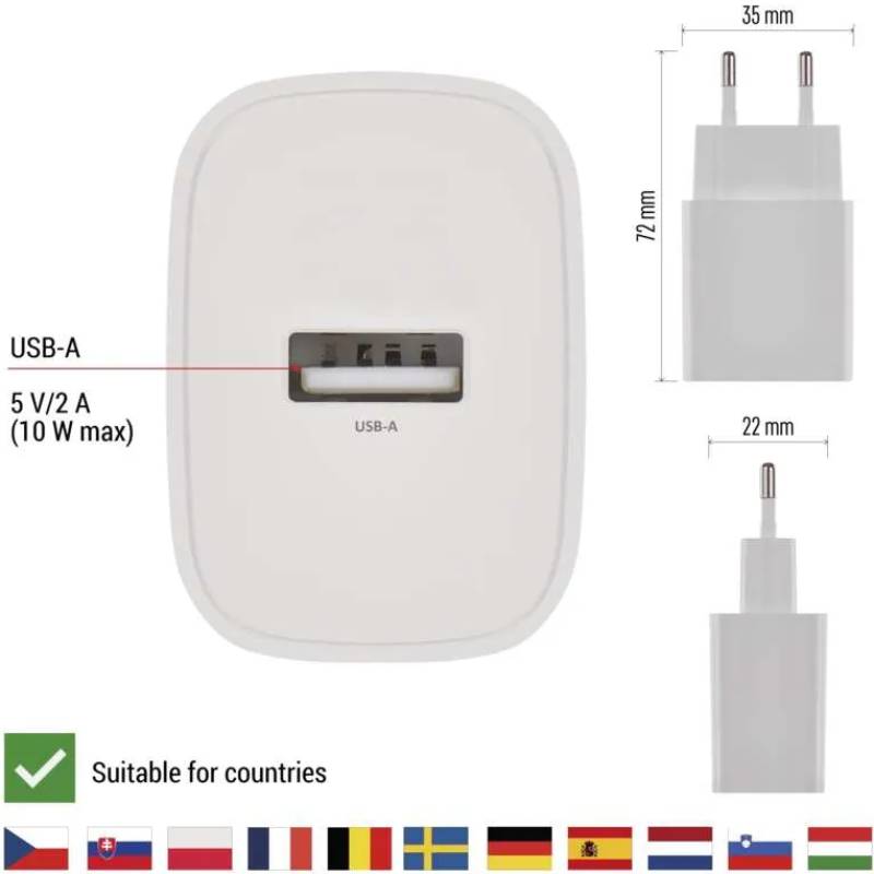 Сетевое зарядное устройство EMOS V01B10 USB-A 10W 220V Внешний вид Сетевое зарядное устройство EMOS V01B10 USB-A 10W 220V