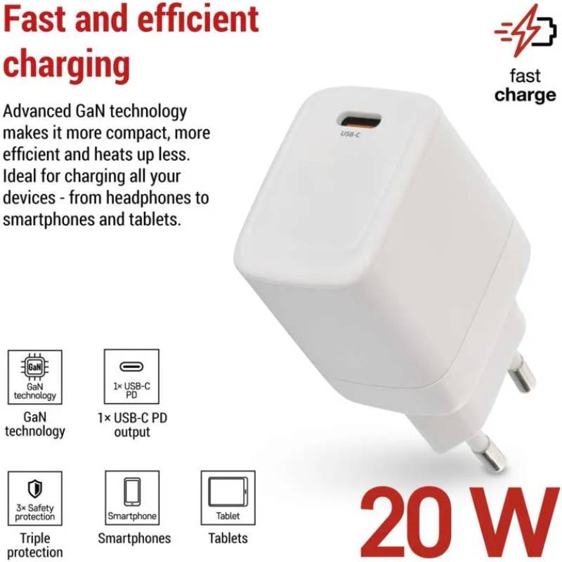 Сетевое зарядное устройство EMOS V01G20 1xUSB-C GAN PD 20W 220V Заказать Сетевое зарядное устройство EMOS V01G20 1xUSB-C GAN PD 20W 220V