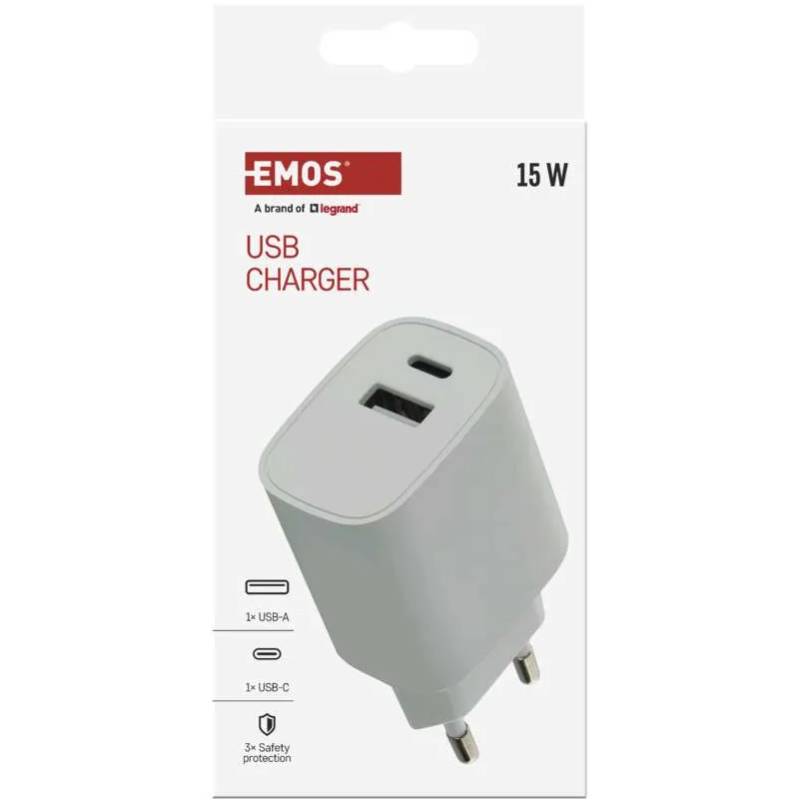 Сетевое зарядное устройство EMOS V02B15 USB-C USB-A 15W 220V Внешний вид Сетевое зарядное устройство EMOS V02B15 USB-C USB-A 15W 220V