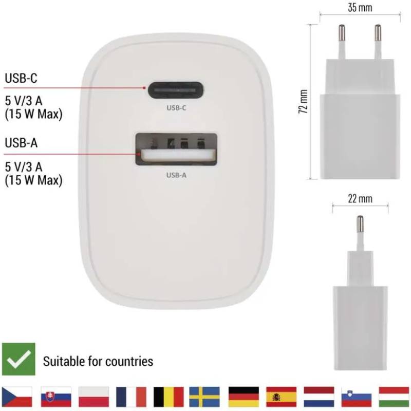 Сетевое зарядное устройство EMOS V02B15 USB-C USB-A 15W 220V Заказать Сетевое зарядное устройство EMOS V02B15 USB-C USB-A 15W 220V