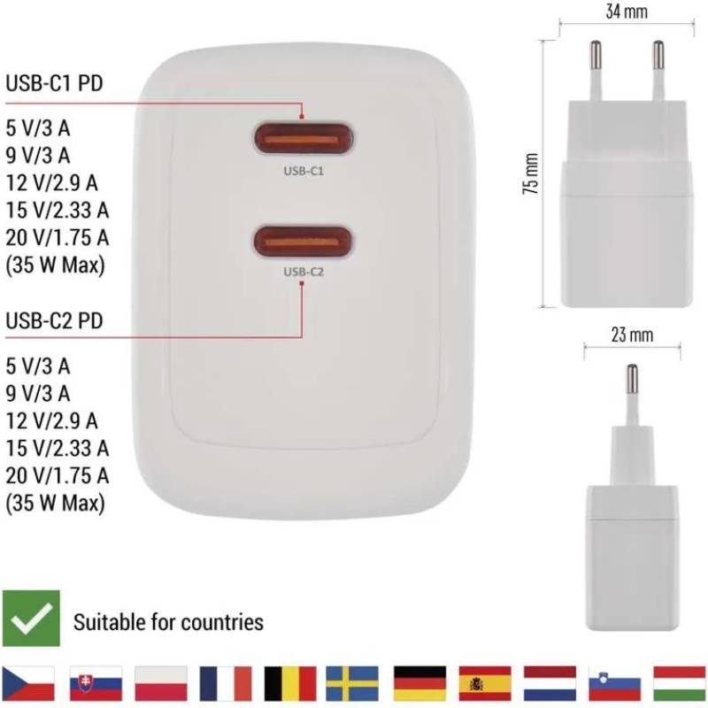 Сетевое зарядное устройство EMOS V03G35 GAN PD 35W 220V Изображение Сетевое зарядное устройство EMOS V03G35 GAN PD 35W 220V