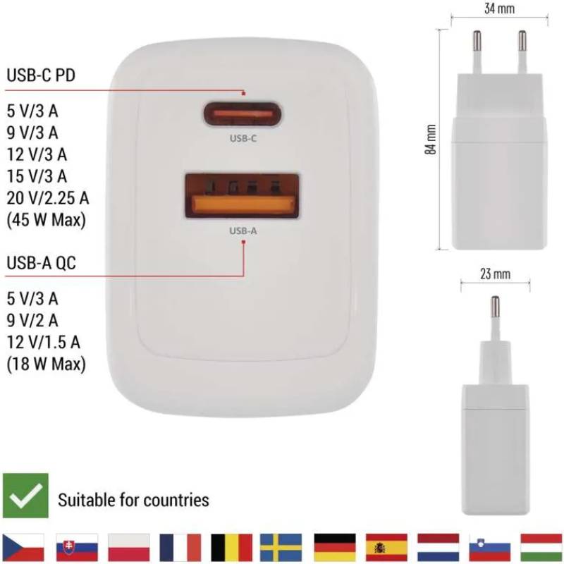 Сетевое зарядное устройство EMOS V04G45 GAN PD 45W 220V Внешний вид Сетевое зарядное устройство EMOS V04G45 GAN PD 45W 220V