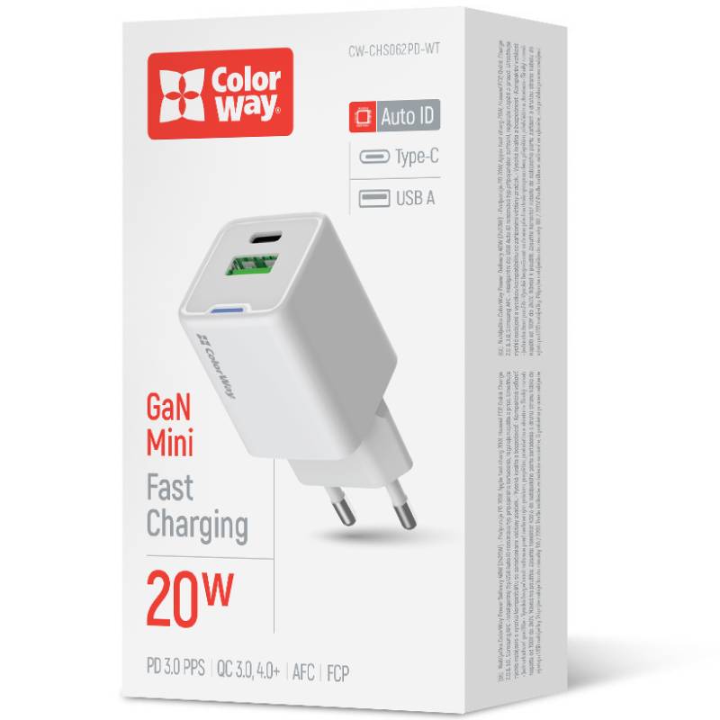 Внешний вид Сетевое зарядное устройство COLORWAY GaN Mini 20W (CW-CHS062PD-WT)