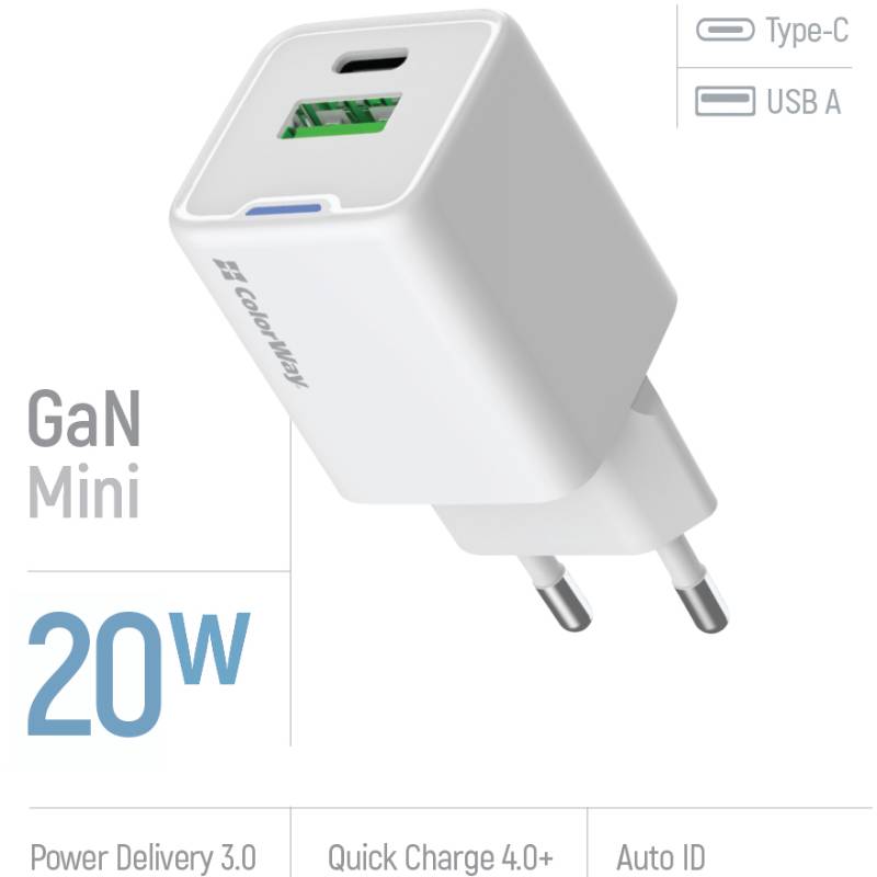 Фото Сетевое зарядное устройство COLORWAY GaN Mini 20W (CW-CHS062PD-WT)