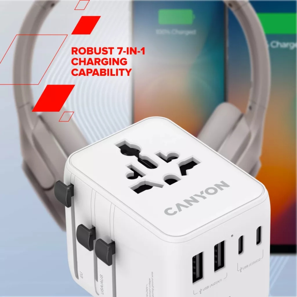 Фото Зарядний пристрій CANYON OnTour 70 Travel Adapter EU/UK/US/AUS 70W White (CNS-TA70W1006W)
