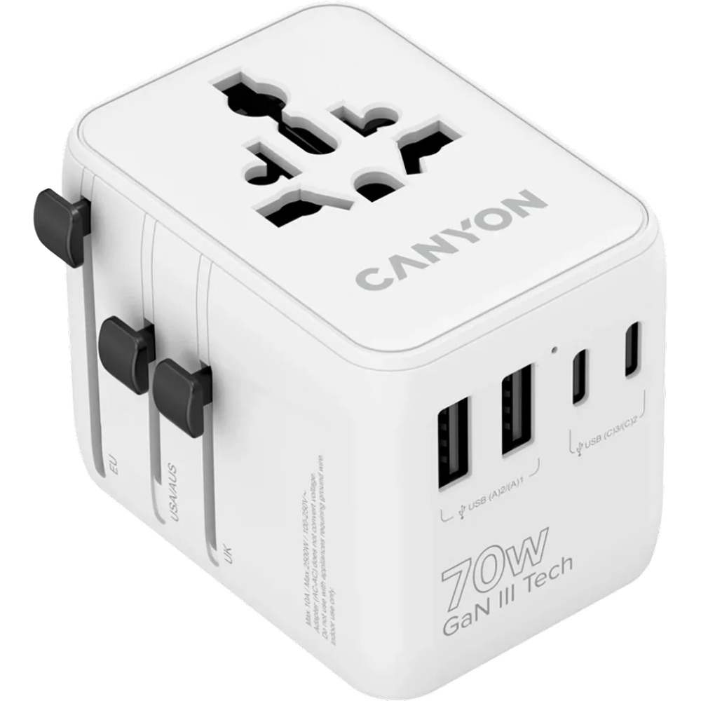 Зарядний пристрій CANYON OnTour 70 Travel Adapter EU/UK/US/AUS 70W White (CNS-TA70W1006W)