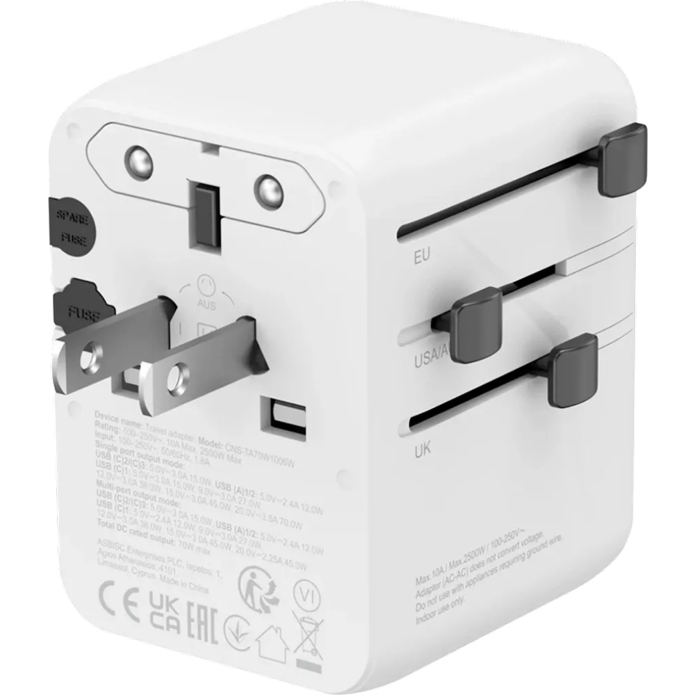 Зарядний пристрій CANYON OnTour 70 Travel Adapter EU/UK/US/AUS 70W White (CNS-TA70W1006W) Вихідний роз'єм USB